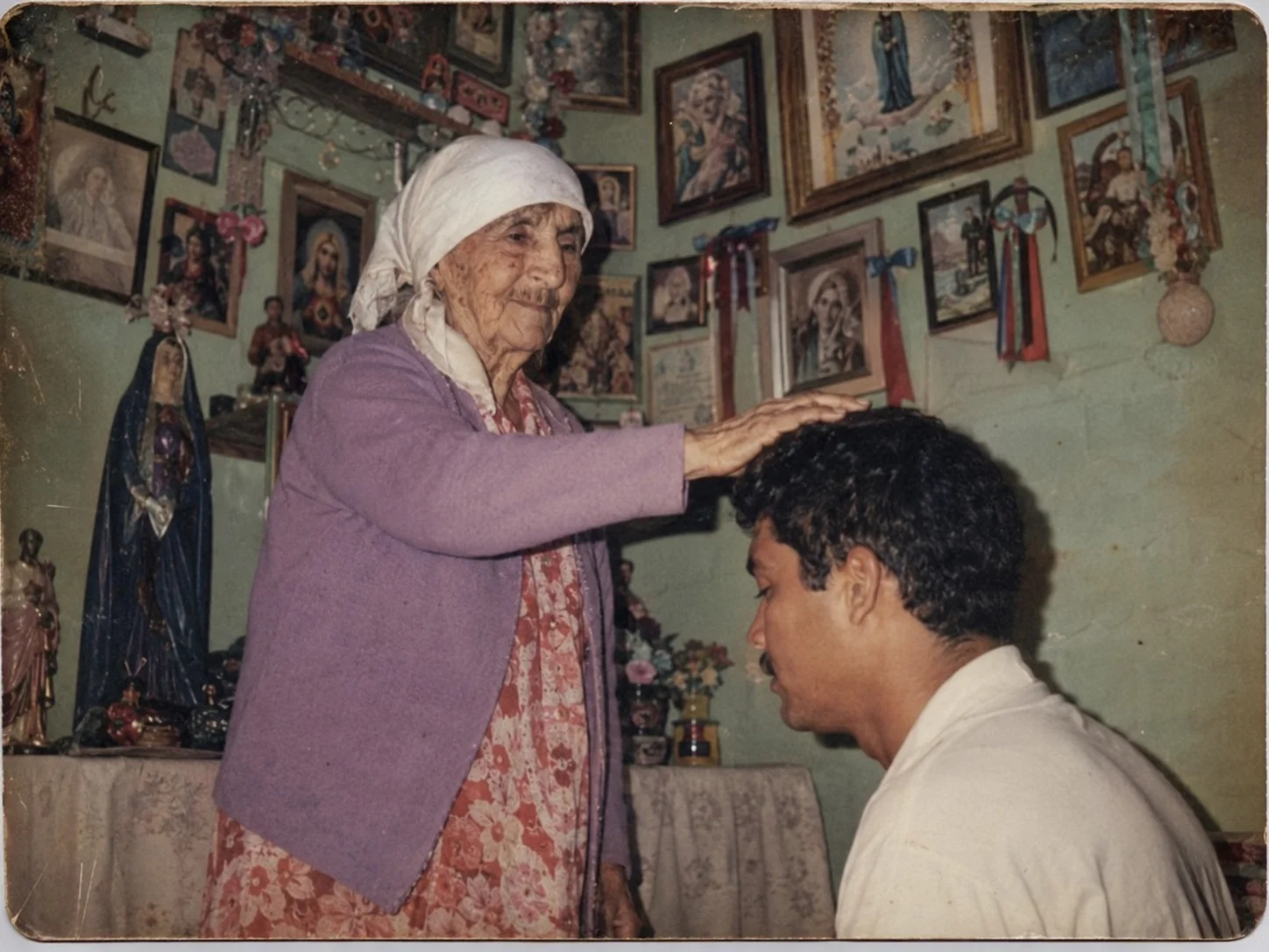 Foto antiga da avó benzedeira realizando um benzimento