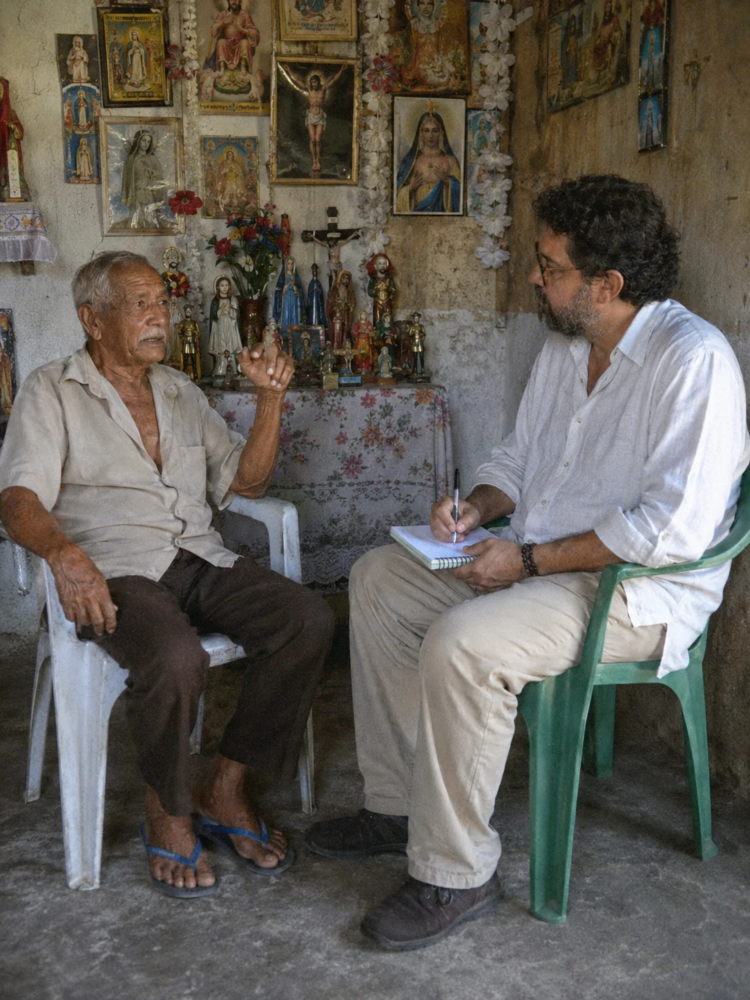 Augusto Montenegro conversando e fazendo anotações durante uma pesquisa de campo